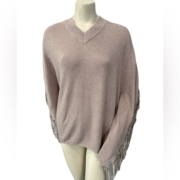 Ecru Women’s Fringe Poncho Sweater Knit V-Neck Taupe Beige Boho Cozy Wrap - Picture 3 of 11